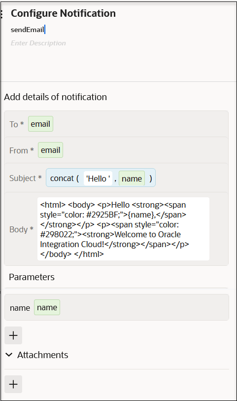 The Configure notifications panel shows name and description fields at the top. After this is the Add details of notification section. The To, From, Subject, and Body fields are after. After this is the Parameters section, with a value of name. After this is the Attachments section. The Configure notifications panel shows name and description fields at the top. After this is the Add details of notification section. The To, From, Subject, and Body fields are after. After this is the Parameters section, with a value of name. After this is the Attachments section.