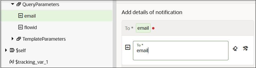 Sources tree shows a value of email that has been dragged to the To field. The To field includes clear and switch to developer view icons. Sources tree shows a value of email that has been dragged to the To field. The To field includes clear and switch to developer view icons.