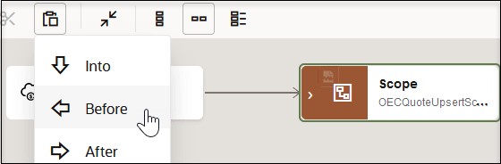 A list is selected to show options for Into, Before, and After. The Before option is being selected. To the right is a scope action. A list is selected to show options for Into, Before, and After. The Before option is being selected. To the right is a scope action.