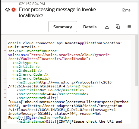 The error in the activity stream section is expanded to show the error. The Summary, Detail, download payload, copy payload, and toggle row number buttons are shown above the error. The error in the activity stream section is expanded to show the error. The Summary, Detail, download payload, copy payload, and toggle row number buttons are shown above the error.