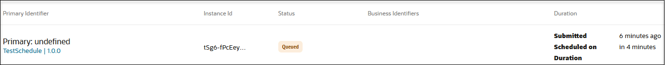 The Primary Identifier, Instance Id, Status, Business Identifiers, and Duration columns are shown. The Primary Identifier, Instance Id, Status, Business Identifiers, and Duration columns are shown.