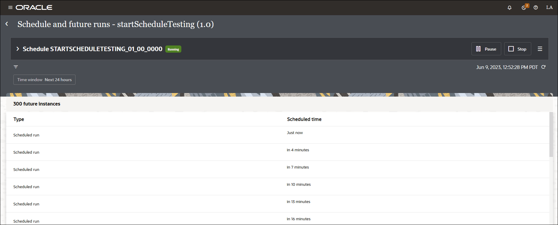 The Schedule and Future Runs page shows the integration name and version. At the far right are icons for pause, start, and actions. Below is a filter icon and a time stamp. Below this the number of future instances is displayed. Below this is a table with columns for Type and Scheduled Time.