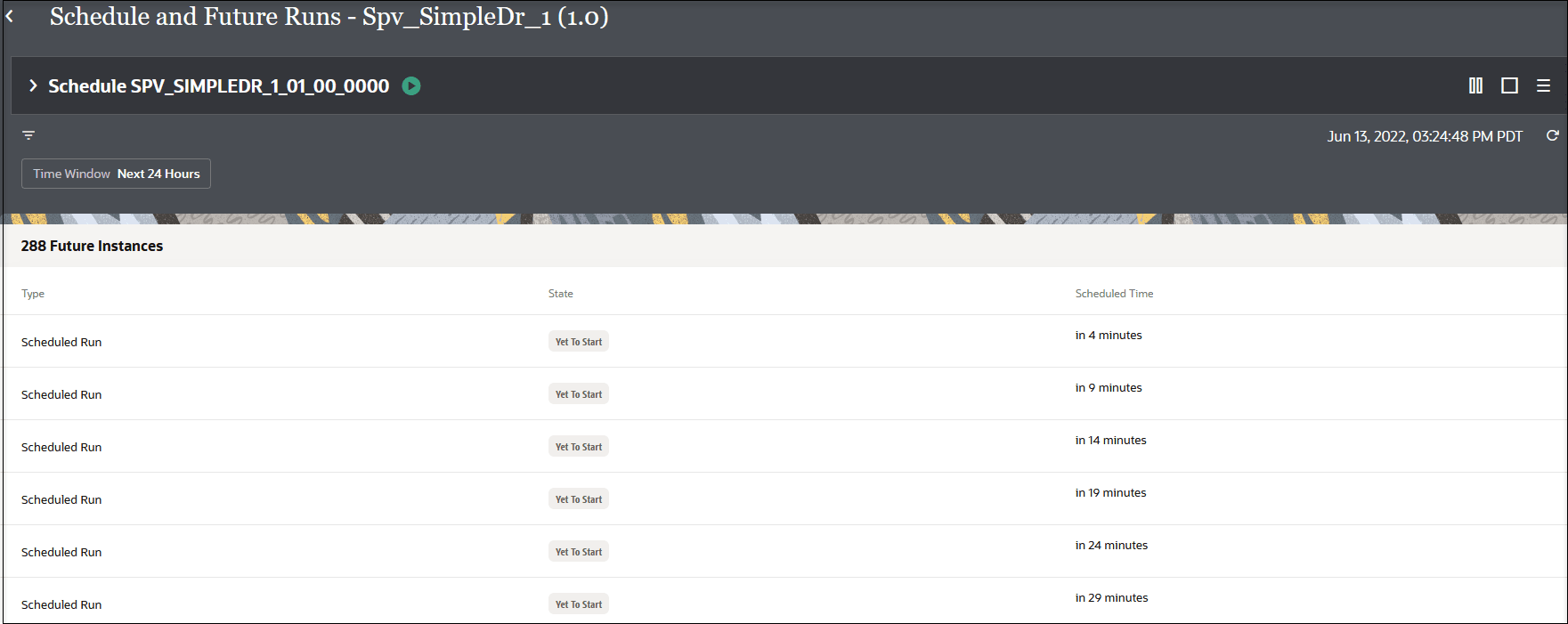The Schedule and future runs page shows three icons to the far right. Below is an icon that lets you expand the page to see additional details. Below this is a filter icon. To the right is a time stamp. Below is a table of future instances, with columns for Type, State, and Scheduled Time.
