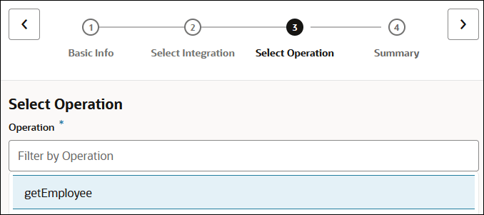 The Select Operation page shows the Operation field, with getEmployee selected. The Select Operation page shows the Operation field, with getEmployee selected.