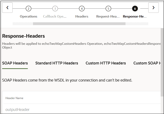The Operations, Callout Operation, Headers, Request-Header, and Response-Header (which is selected) tabs are displayed. Below this is the Response-Headers section, with tabs for SOAP Headers, Standard HTTP Headers, Custom HTTP Headers, and Custom SOAP Headers. The Operations, Callout Operation, Headers, Request-Header, and Response-Header (which is selected) tabs are displayed. Below this is the Response-Headers section, with tabs for SOAP Headers, Standard HTTP Headers, Custom HTTP Headers, and Custom SOAP Headers.