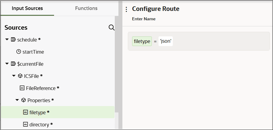 The Sources tree of elements is shown on the left side. The Configure Route section is shown on the right side. Under this is the Enter Name field and the complete routing expression: filetype = 'json'. The Sources tree of elements is shown on the left side. The Configure Route section is shown on the right side. Under this is the Enter Name field and the complete routing expression: filetype = 'json'.