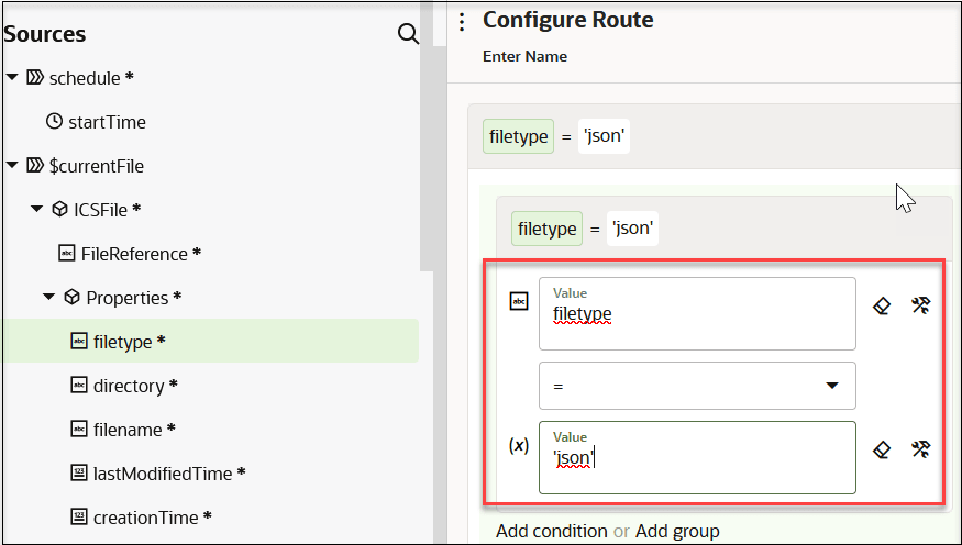 The Sources tree of elements is shown on the left side. The Configure Route section is shown on the right side. Under this section are the Enter name field, the values that show the complete routing expression, and the Value field, Operator list, and Value field that show the individual parts of the routing expression. Both Value fields include icons for clear and switch to developer view. The Sources tree of elements is shown on the left side. The Configure Route section is shown on the right side. Under this section are the Enter name field, the values that show the complete routing expression, and the Value field, Operator list, and Value field that show the individual parts of the routing expression. Both Value fields include icons for clear and switch to developer view.