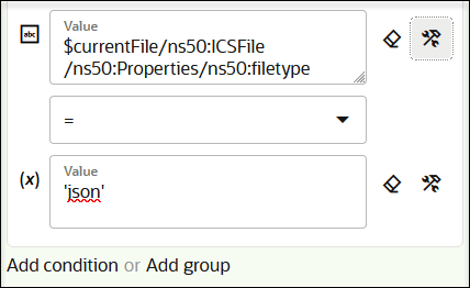 The Value field, Operator list, and Value fields are shown. Both Value fields include icons for clear and switch to developer view. The Value field, Operator list, and Value fields are shown. Both Value fields include icons for clear and switch to developer view.