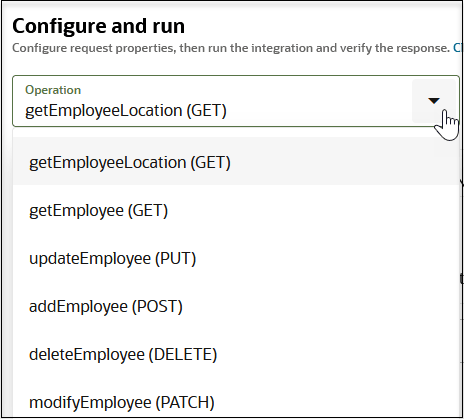 The Configure and run dialog is shown. An Operation dropdown list appears at the top. The Configure and run dialog is shown. An Operation dropdown list appears at the top.