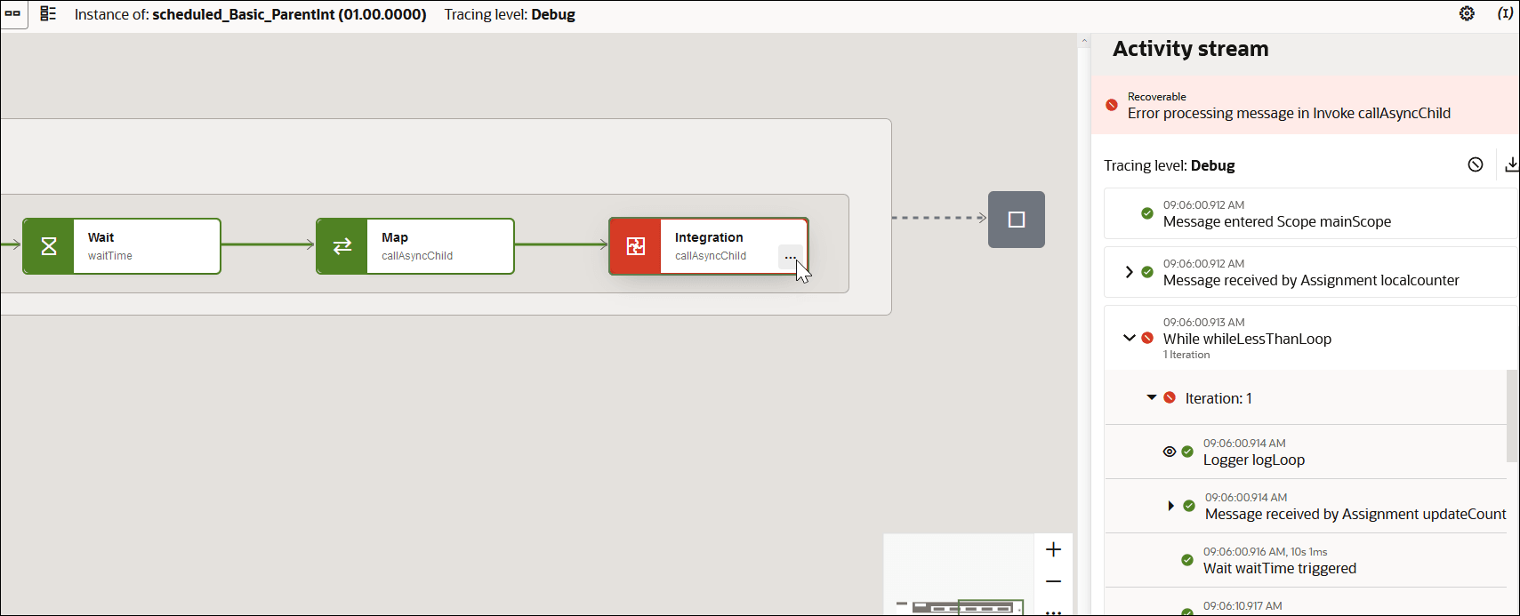 The integration flow appears on the left. The integration action in error is shown in red. The Actions menu for the integration element in error has been selected to show the exact section of the activity stream where the error occurred. The integration flow appears on the left. The integration action in error is shown in red. The Actions menu for the integration element in error has been selected to show the exact section of the activity stream where the error occurred.