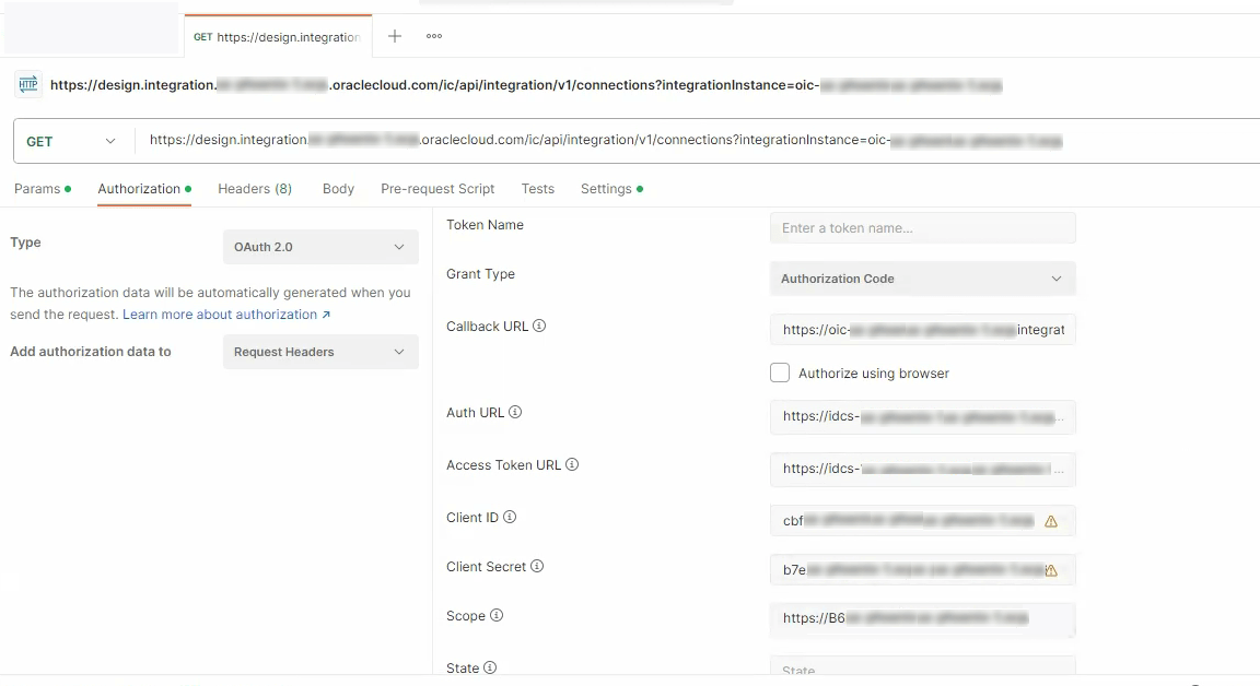 Postman Configuration page, with Authorization tab selected, fields from top to bottom are Grant Type, Callback URL, Auth URL, Access Token URL, Client ID, Client Secret, Scope
