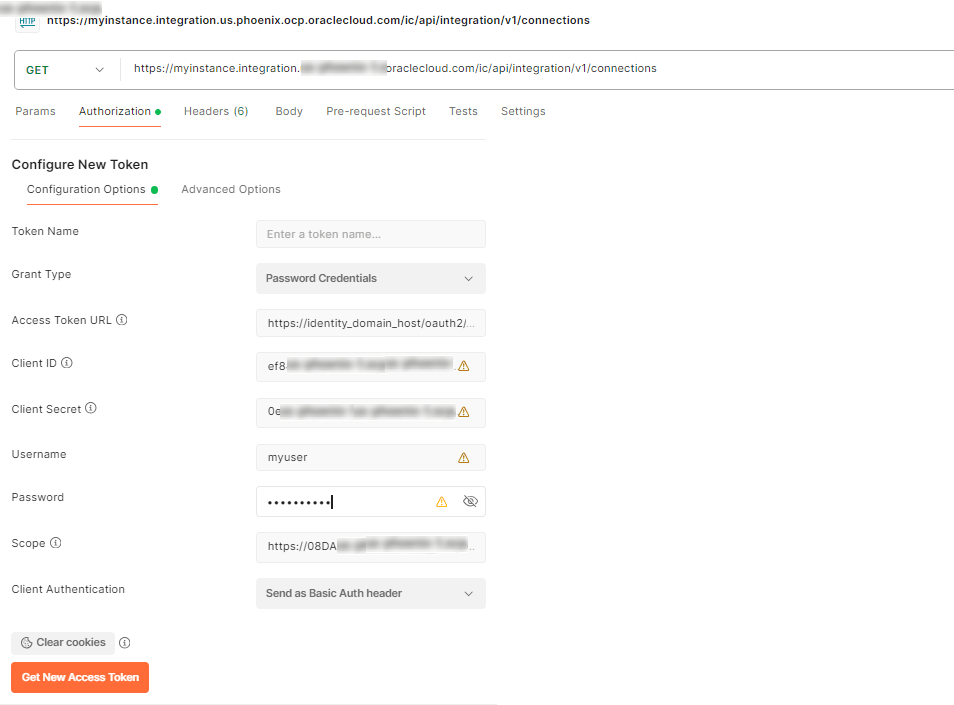 Postman Configuration page, with Authorization tab selected, fields required to complete from top to bottom are Grant Type Password Credentials, Access Token URL, Client ID, Client Secret, User name, Password, Scope, Client Authentication. There is also a Get New Access Token button