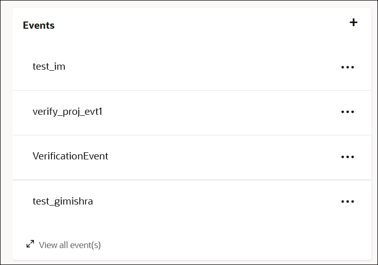 The Events section shows a plus sign that can be clicked to create events. The events already created in this project are also shown. The View all event(s) link appears at the bottom. The Events section shows a plus sign that can be clicked to create events. The events already created in this project are also shown. The View all event(s) link appears at the bottom.