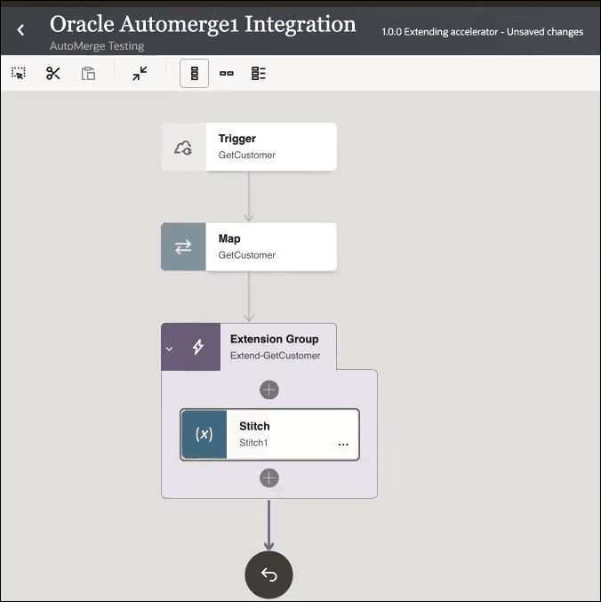 The integration shows a trigger, map, and extension group that includes a stitch action.