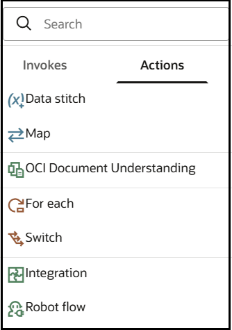 The search field appears at the top. Below is the Actions list, which shows an option for Data stitch, Map, OCI Document Understanding, For each, Switch, Integration, and Robot Flow.