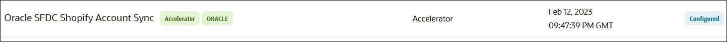 The projects page shows a project name with the labels Accelerator and Oracle. The type column says Accelerator. The date of the accelerator is also shown.