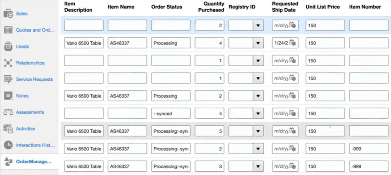The Order Manager form is selected and includes columns for Oracle Manager Name, Account, Item Description, Item Name, Order Status, Quantity Purchased, Registry ID, Requested Ship Date, Unit List Price, and Item Number.