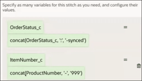 The Configure stitch panel is designed to process the Order Status and the Item Number.