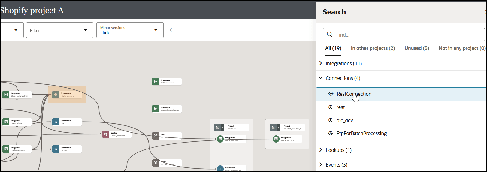 The Summary report shows tabs for the dependent resources in the current project (All), the dependent resources being used in other projects, the unused dependent resources, and the dependent resources being used that are not in projects. The All tab is selected. A connection in the All tab is selected. That connection is highlighted in the diagram on the left. The Summary report shows tabs for the dependent resources in the current project (All), the dependent resources being used in other projects, the unused dependent resources, and the dependent resources being used that are not in projects. The All tab is selected. A connection in the All tab is selected. That connection is highlighted in the diagram on the left.