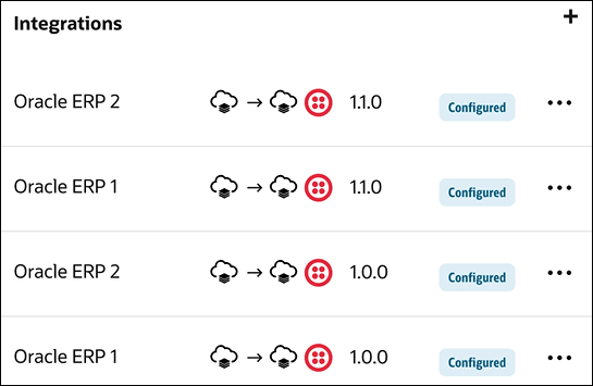 The Integrations section shows two integrations, Oracle ERP 1 and Oracle ERP 2, each with versions of 1.0.0 and 1.0.1. Both are labeled as Configured. An Actions (…) menu is shown for each. An Add icon appears in the upper right corner. The Integrations section shows two integrations, Oracle ERP 1 and Oracle ERP 2, each with versions of 1.0.0 and 1.0.1. Both are labeled as Configured. An Actions (…) menu is shown for each. An Add icon appears in the upper right corner.
