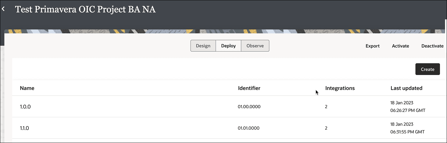 The Design, Deploy (which is selected), and Observe tabs are shown. To the right are the Export, Activate, and Deactivate links. Below is a table with columns for Name, Identifier, Integrations, and Last updated. Two deployments, named 1.0.0 and 1.0.1, are shown. The Design, Deploy (which is selected), and Observe tabs are shown. To the right are the Export, Activate, and Deactivate links. Below is a table with columns for Name, Identifier, Integrations, and Last updated. Two deployments, named 1.0.0 and 1.0.1, are shown.