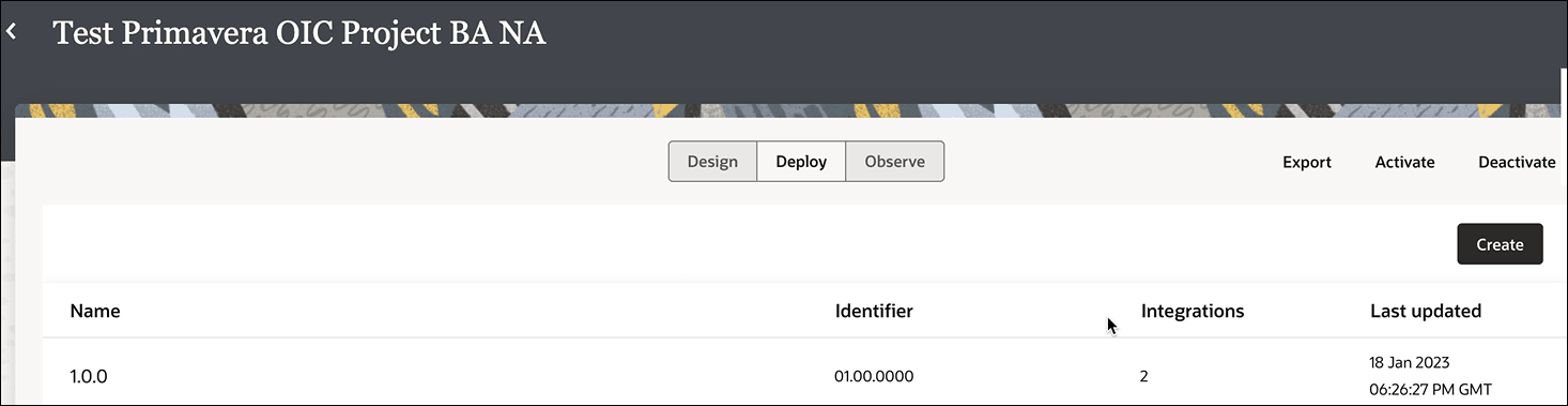 The Design, Deploy (which is selected), and Observe tabs are shown. To the right are the Export, Activate, and Deactivate links. Below is a table with columns for Name, Identifier, Integrations, and Last updated. One deployment named 1.0.0 is shown. The Design, Deploy (which is selected), and Observe tabs are shown. To the right are the Export, Activate, and Deactivate links. Below is a table with columns for Name, Identifier, Integrations, and Last updated. One deployment named 1.0.0 is shown.