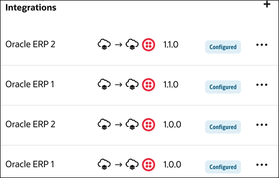 The Integrations section shows two integrations, Oracle ERP 1 and Oracle ERP 2, each with versions of 1.0.0 and 1.1.0. Both are labeled as Configured. An Actions (…) menu is shown for each. An Add icon appears in the upper right corner. The Integrations section shows two integrations, Oracle ERP 1 and Oracle ERP 2, each with versions of 1.0.0 and 1.1.0. Both are labeled as Configured. An Actions (…) menu is shown for each. An Add icon appears in the upper right corner.