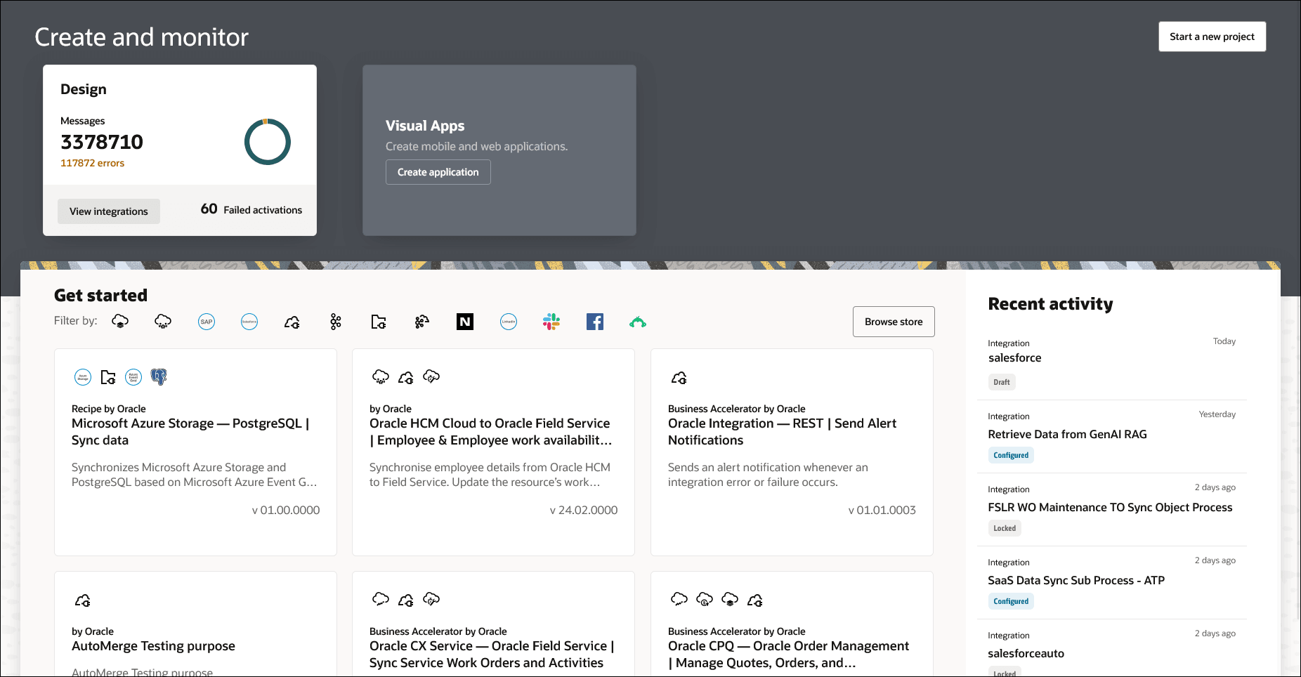 The Home page shows the Start a new project button in the upper right corner. The Home page shows the Start a new project button in the upper right corner.