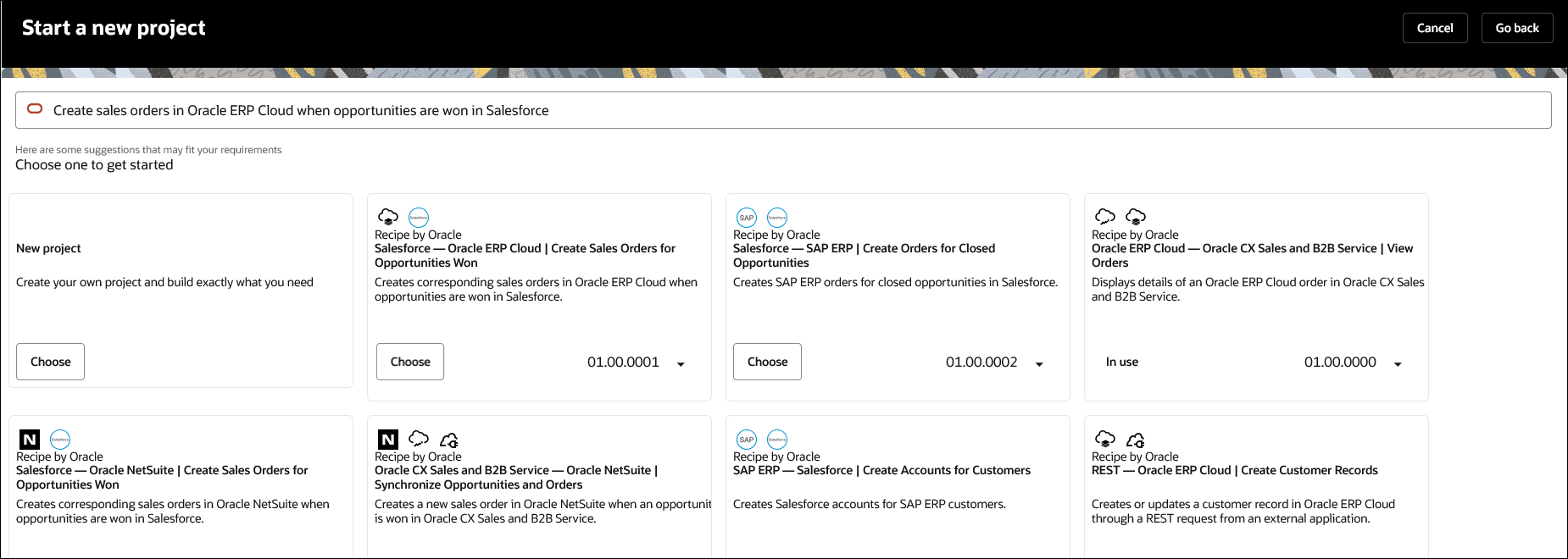 The Start a new project page shows the project detail entered by the user and the list of accelerators/recipes that match the project detail with a Choose button if they are available for installing. The Start a new project page shows the project detail entered by the user and the list of accelerators/recipes that match the project detail with a Choose button if they are available for installing.