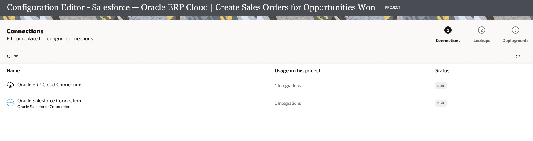 The Configuration editor page shows the Connections subpage with the list of connections to configure. The Configuration editor page shows the Connections subpage with the list of connections to configure.