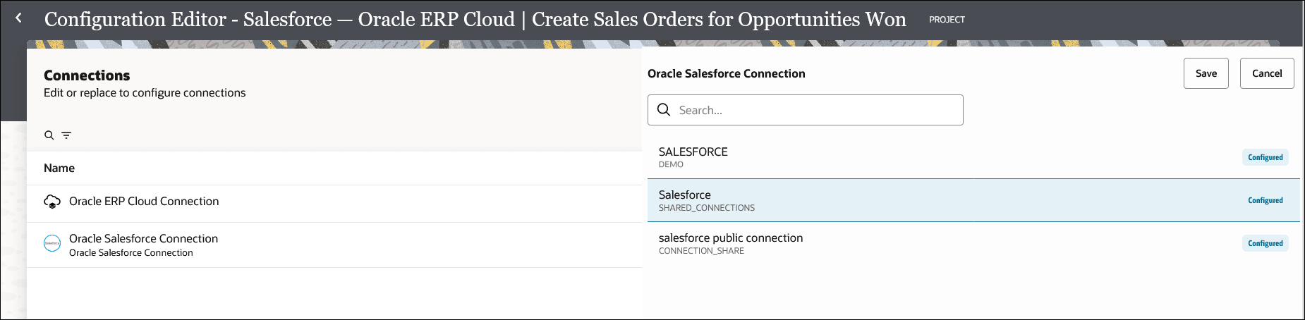 A shared connection is selected in this example from the list of shared connections. The Save and Cancel buttons are available in the upper right corner of the page. A shared connection is selected in this example from the list of shared connections. The Save and Cancel buttons are available in the upper right corner of the page.