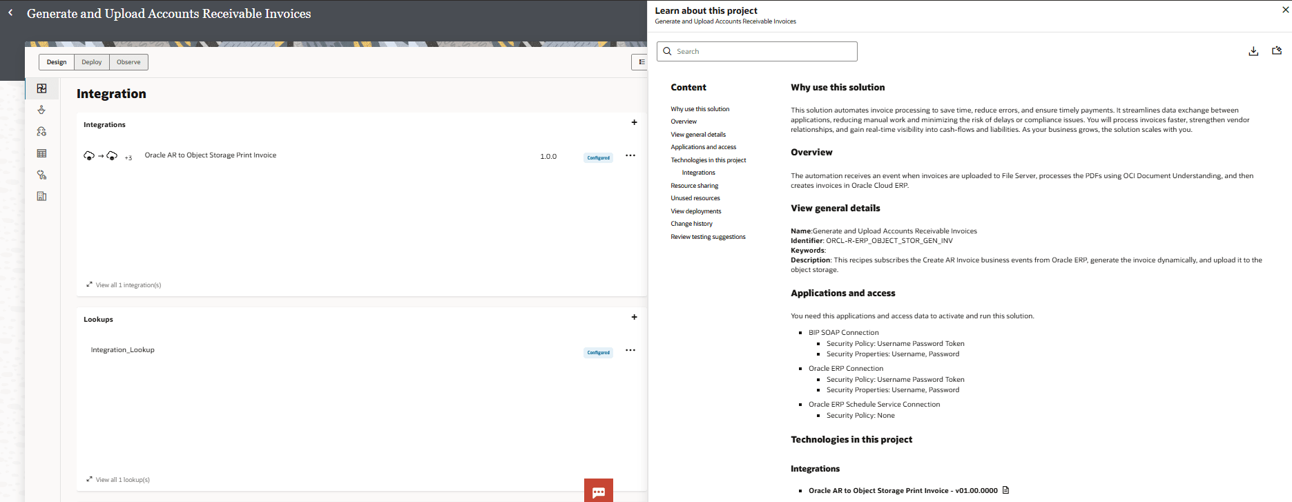 Project page for "Generate and Upload Accounts Receivable Invoices." The left side shows the Design tab with panels for Integrations (listing "Oracle AR to Object Storage Print Invoice," version 1.0.0, configured) and Lookups (showing "Integration_Lookup," configured). On the right, a split panel titled "Learn about this project" displays detailed documentation with a content menu, solution overview, general details, required applications and access, and related technologies.