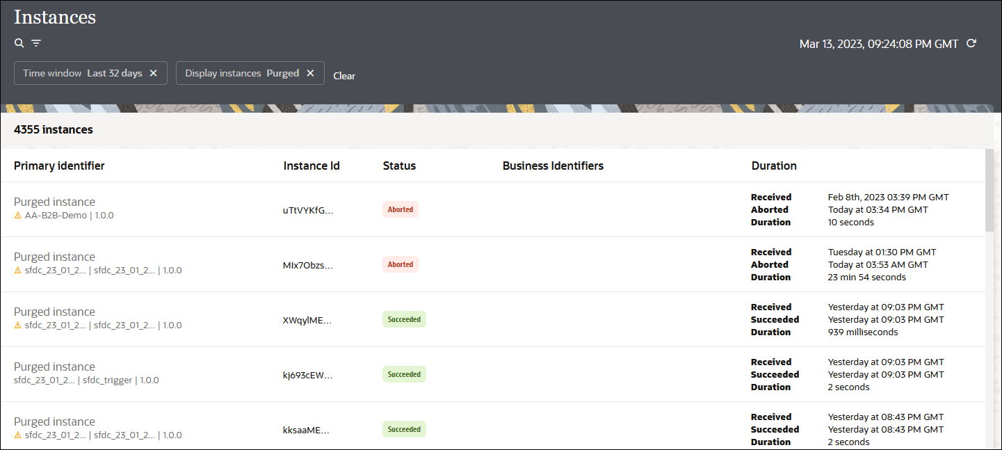 The Instances page shows a filter icon and any defined filters at the top. In the upper right is the timestamp. Below is a table with columns for Primary identifier, Instance ID, Status, Business identifiers, and Duration.