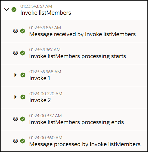 The activity stream shows a single invoke expanded to show messages for messages received, two invokes, the end of processing, and a message processed. The activity stream shows a single invoke expanded to show messages for messages received, two invokes, the end of processing, and a message processed.