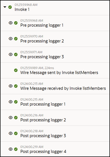 The activity stream shows an invoke expanded to show messages for preprocessing loggers, wire messages sent and received, and postprocessing loggers. The activity stream shows an invoke expanded to show messages for preprocessing loggers, wire messages sent and received, and postprocessing loggers.