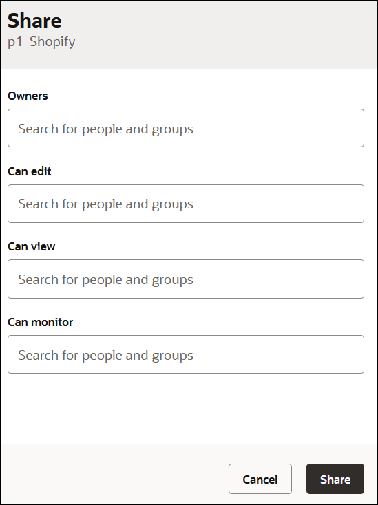 The Share panel shows fields for Owners, Can edit, Can view, and Can monitor. The Share panel shows fields for Owners, Can edit, Can view, and Can monitor.