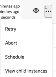 The menu shows options for Retry, Abort, Schedule, and View child instances. The menu shows options for Retry, Abort, Schedule, and View child instances.