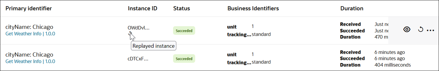 The Primary identifier column, Instance ID column, Status column, and Duration column are shown. The Instance ID column version includes the Replayed instance icon.