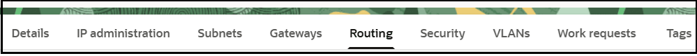 The menu bar shows tabs for Details, IP administration, Subnets, Gateways, Routing, Security, VLANs, Work requests, and Tags.