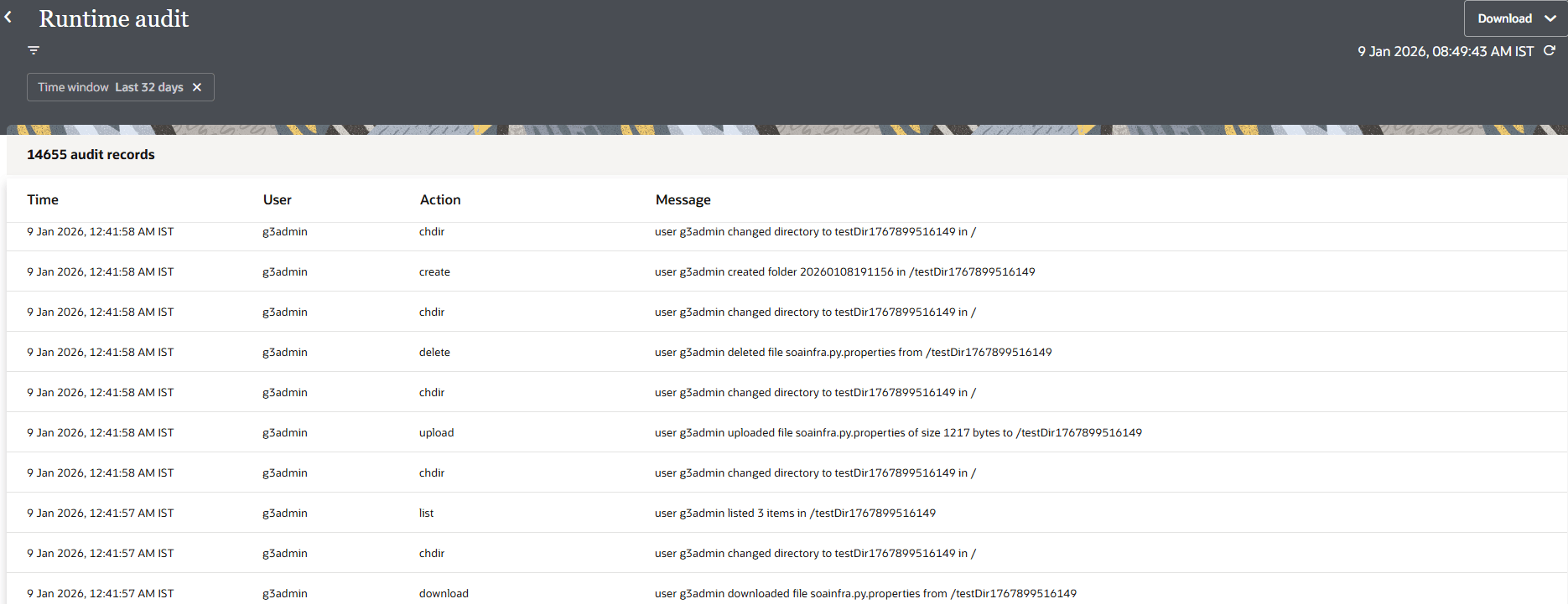 This image shows the Runtime audit page. In the top left is the search icon. Below this is a table with the following columns: Time, User, Action, and Message. In the upper right corner is the Download button. Below this button is a time stamp and the refresh icon. This image shows the Runtime audit page. In the top left is the search icon. Below this is a table with the following columns: Time, User, Action, and Message. In the upper right corner is the Download button. Below this button is a time stamp and the refresh icon.