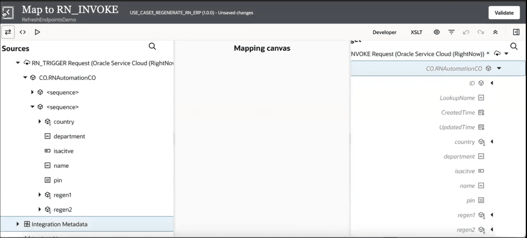 The mapper shows the Sources, Mapping canvas, and Target sections. The Validate button appears in the upper right corner. Three icons appear above the Sources section. Eight icons appear above the Target section. The mapper shows the Sources, Mapping canvas, and Target sections. The Validate button appears in the upper right corner. Three icons appear above the Sources section. Eight icons appear above the Target section.