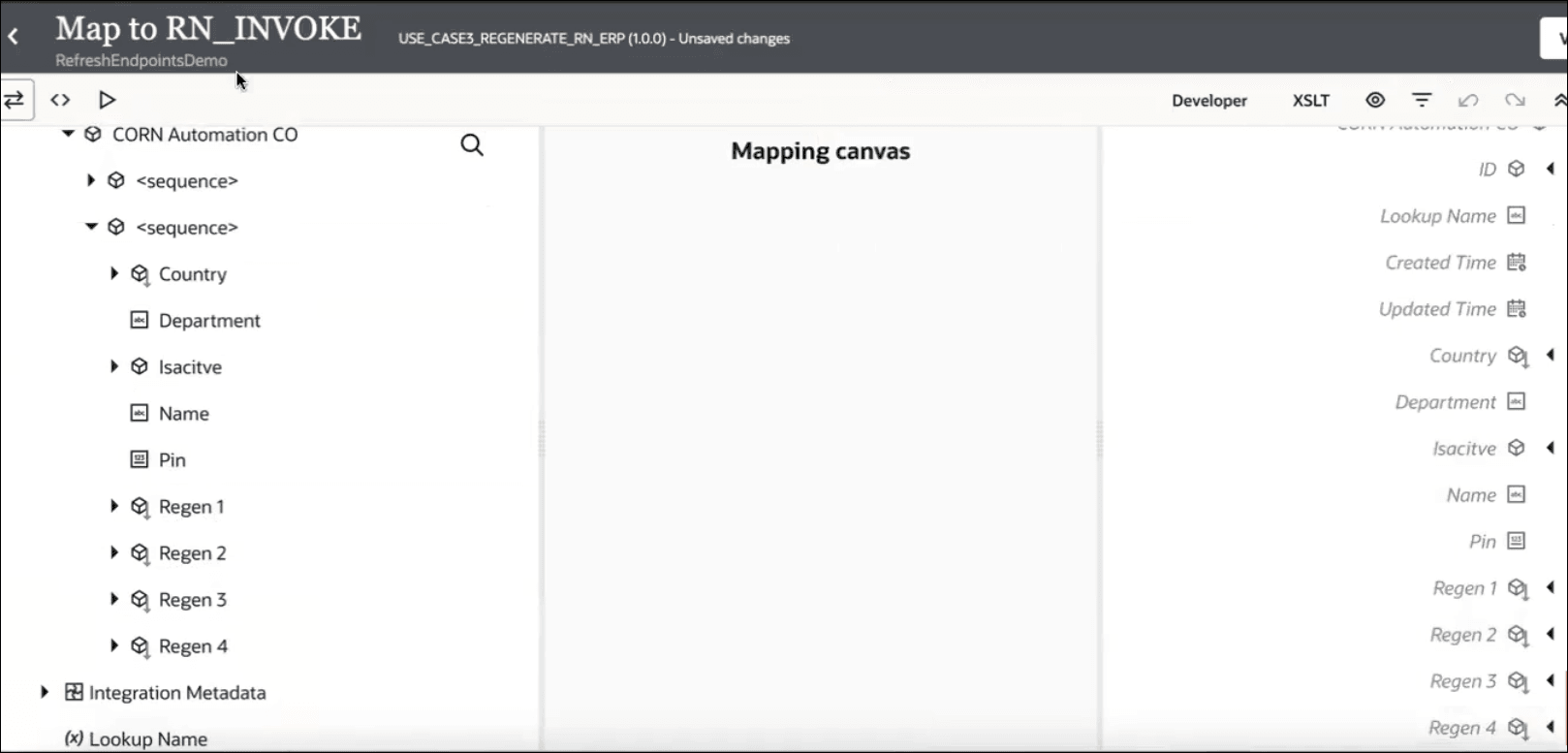 The mapper shows the Sources, Mapping canvas, and Target sections. The Validate button appears in the upper right corner. Three icons appear above the Sources section. Eight icons appear above the Target section. The mapper shows the Sources, Mapping canvas, and Target sections. The Validate button appears in the upper right corner. Three icons appear above the Sources section. Eight icons appear above the Target section.