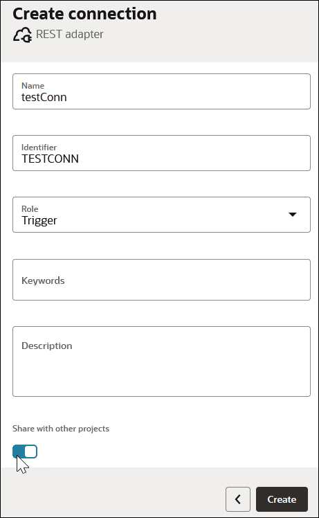 The Create connection panel shows the Name, Identifier, Role, Keywords, Description, and Share with other projects elements. The Create connection panel shows the Name, Identifier, Role, Keywords, Description, and Share with other projects elements.