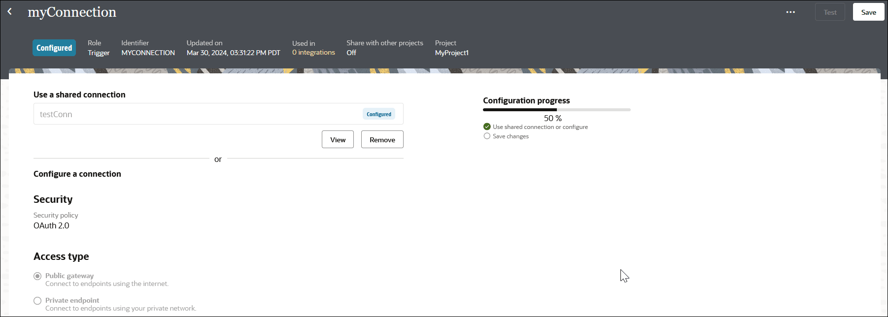 The Connections page shows the Configured label at the top. Below is the Use a shared connection section. The View and Remove buttons are displayed. The Configuration progress section is shown, with a progress bar. Below is the Configure a connection section, with subsections for Security and Access type. The Connections page shows the Configured label at the top. Below is the Use a shared connection section. The View and Remove buttons are displayed. The Configuration progress section is shown, with a progress bar. Below is the Configure a connection section, with subsections for Security and Access type.
