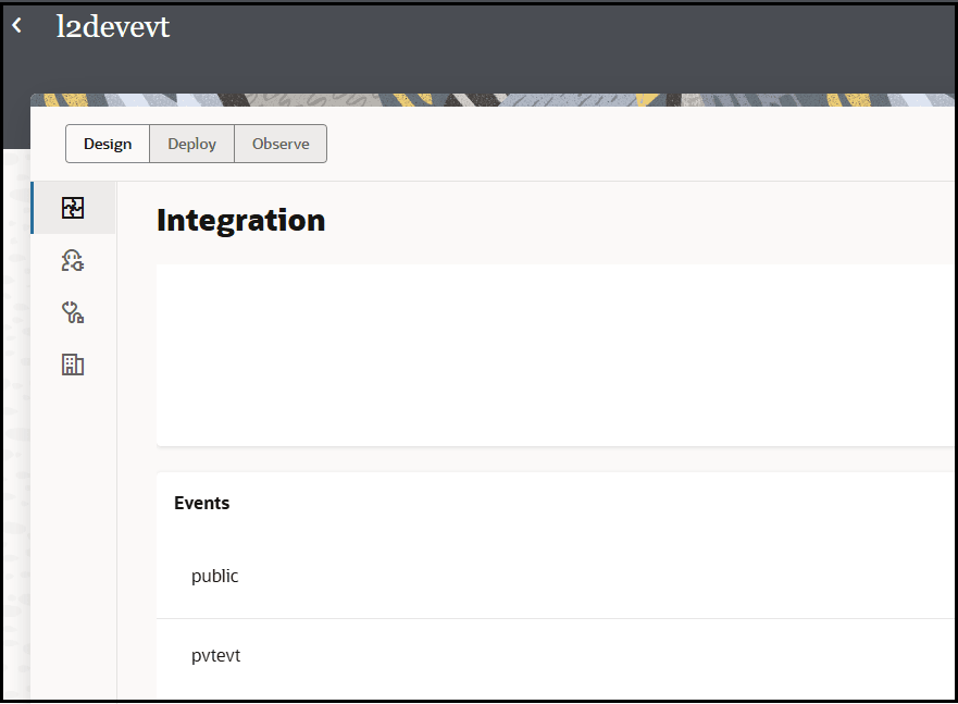 The project is shown. Four vertical tabs are shown. The Integration tab is selected. The Events section is shown. Two events (public and pvtevt) appear in the Events section. The project is shown. Four vertical tabs are shown. The Integration tab is selected. The Events section is shown. Two events (public and pvtevt) appear in the Events section.