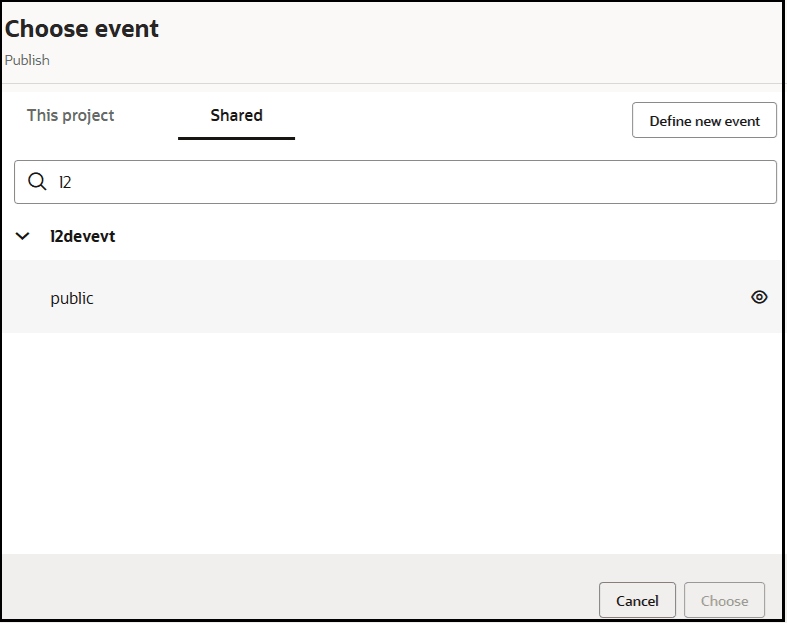The Choose event dialog is shown. Tabs for This project and Shared (which is selected) are shown. The Define new event button is shown. The Search field is shown. Below this, the public event is selected. The Choose event dialog is shown. Tabs for This project and Shared (which is selected) are shown. The Define new event button is shown. The Search field is shown. Below this, the public event is selected.