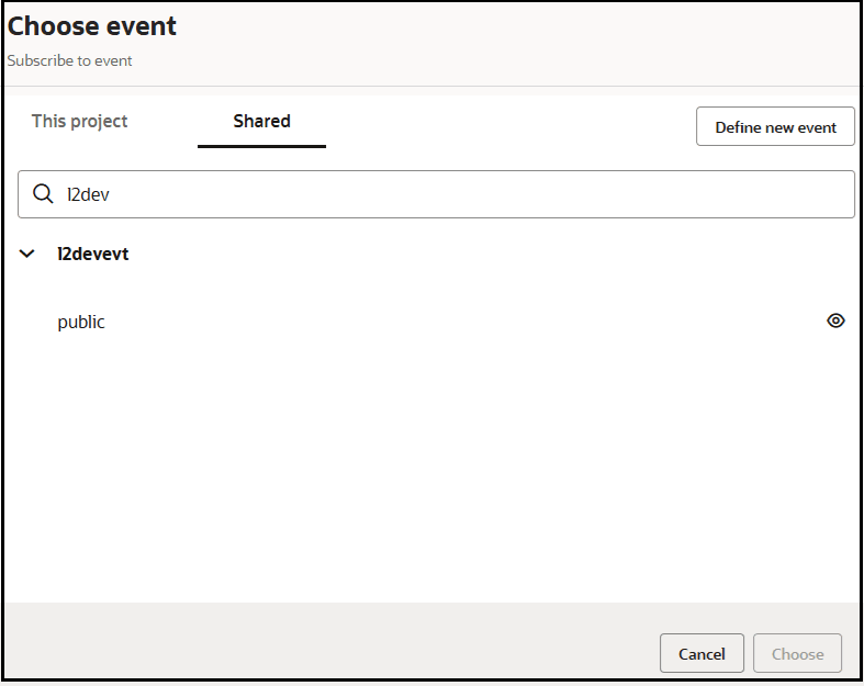 The Choose event dialog is shown. Tabs for This project and Shared (which is selected) are shown. The Define new event button is shown. The Search field is shown. Below this, the public event is selected. The Choose event dialog is shown. Tabs for This project and Shared (which is selected) are shown. The Define new event button is shown. The Search field is shown. Below this, the public event is selected.