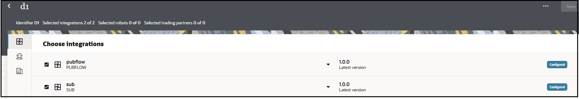 The deployment page is shown. The integrations included in the deployment are shown, along with the version and Configured label. The deployment page is shown. The integrations included in the deployment are shown, along with the version and Configured label.