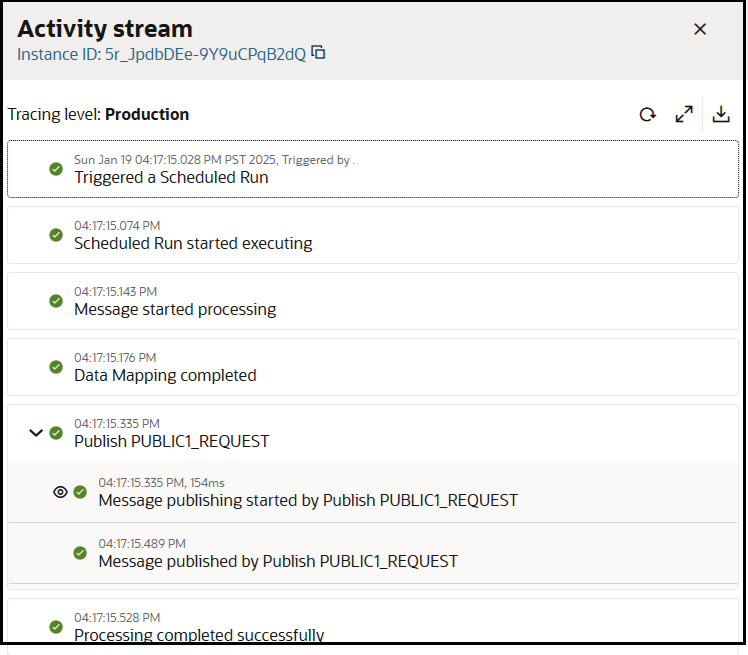 The activity stream shows the key milestones of the integration instance. All are green, indicating that they were successfully processed. The activity stream is expanded to show that the shared published event was successfully processed. The activity stream shows the key milestones of the integration instance. All are green, indicating that they were successfully processed. The activity stream is expanded to show that the shared published event was successfully processed.