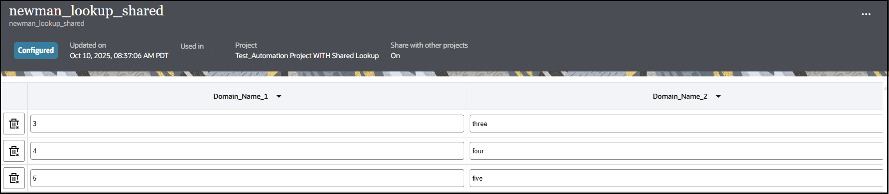 The shared lookup table is shown. Fields for configured, Updated on, Used in, and Project are shown. The Share with other projects label is set to On. Below this is a two-column table for Domain_Name_1 and Domain_Name_2. The shared lookup table is shown. Fields for configured, Updated on, Used in, and Project are shown. The Share with other projects label is set to On. Below this is a two-column table for Domain_Name_1 and Domain_Name_2.